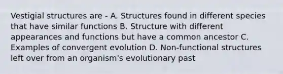 Vestigial structures are - A. Structures found in different species that have similar functions B. Structure with different appearances and functions but have a common ancestor C. Examples of convergent evolution D. Non-functional structures left over from an organism's evolutionary past