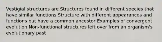 Vestigial structures are Structures found in different species that have similar functions Structure with different appearances and functions but have a common ancestor Examples of convergent evolution Non-functional structures left over from an organism's evolutionary past