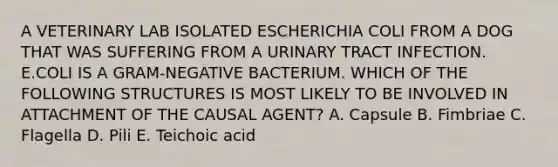 A VETERINARY LAB ISOLATED ESCHERICHIA COLI FROM A DOG THAT WAS SUFFERING FROM A URINARY TRACT INFECTION. E.COLI IS A GRAM-NEGATIVE BACTERIUM. WHICH OF THE FOLLOWING STRUCTURES IS MOST LIKELY TO BE INVOLVED IN ATTACHMENT OF THE CAUSAL AGENT? A. Capsule B. Fimbriae C. Flagella D. Pili E. Teichoic acid