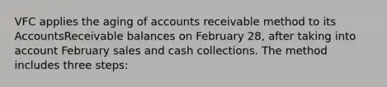 VFC applies the aging of accounts receivable method to its AccountsReceivable balances on February 28, after taking into account February sales and cash collections. The method includes three steps: