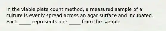 In the viable plate count method, a measured sample of a culture is evenly spread across an agar surface and incubated. Each _____ represents one _____ from the sample