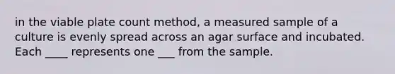 in the viable plate count method, a measured sample of a culture is evenly spread across an agar surface and incubated. Each ____ represents one ___ from the sample.