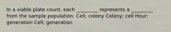 In a viable plate count, each _________ represents a _________ from the sample population. Cell; colony Colony; cell Hour; generation Cell; generation