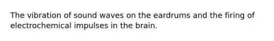 The vibration of sound waves on the eardrums and the firing of electrochemical impulses in the brain.