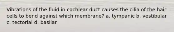 Vibrations of the fluid in cochlear duct causes the cilia of the hair cells to bend against which membrane? a. tympanic b. vestibular c. tectorial d. basilar