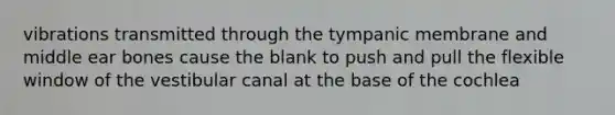 vibrations transmitted through the tympanic membrane and middle ear bones cause the blank to push and pull the flexible window of the vestibular canal at the base of the cochlea