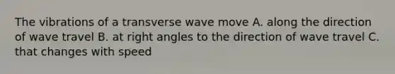 The vibrations of a transverse wave move A. along the direction of wave travel B. at right angles to the direction of wave travel C. that changes with speed