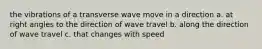 the vibrations of a transverse wave move in a direction a. at right angles to the direction of wave travel b. along the direction of wave travel c. that changes with speed