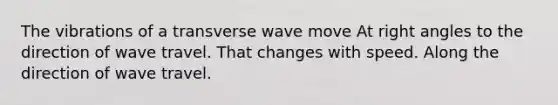 The vibrations of a transverse wave move At <a href='https://www.questionai.com/knowledge/kIh722csLJ-right-angle' class='anchor-knowledge'>right angle</a>s to the direction of wave travel. That changes with speed. Along the direction of wave travel.