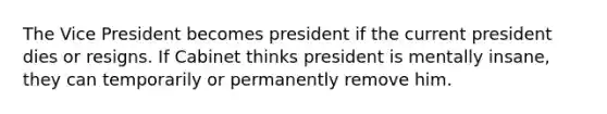 The Vice President becomes president if the current president dies or resigns. If Cabinet thinks president is mentally insane, they can temporarily or permanently remove him.