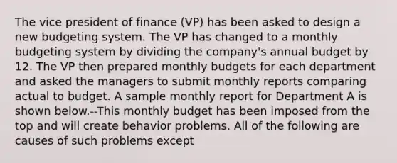 The vice president of finance (VP) has been asked to design a new budgeting system. The VP has changed to a monthly budgeting system by dividing the company's annual budget by 12. The VP then prepared monthly budgets for each department and asked the managers to submit monthly reports comparing actual to budget. A sample monthly report for Department A is shown below.--This monthly budget has been imposed from the top and will create behavior problems. All of the following are causes of such problems except