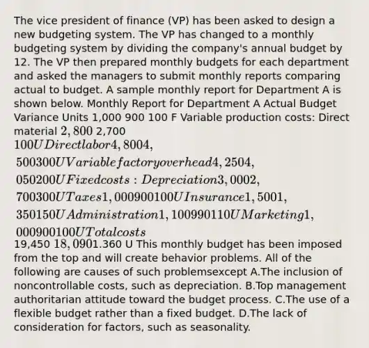 The vice president of finance (VP) has been asked to design a new budgeting system. The VP has changed to a monthly budgeting system by dividing the company's annual budget by 12. The VP then prepared monthly budgets for each department and asked the managers to submit monthly reports comparing actual to budget. A sample monthly report for Department A is shown below. Monthly Report for Department A Actual Budget Variance Units 1,000 900 100 F Variable production costs: Direct material 2,800 2,700 100 U Direct labor 4,800 4,500 300 U Variable factory overhead 4,250 4,050 200 U Fixed costs: Depreciation 3,000 2,700 300 U Taxes 1,000 900 100 U Insurance 1,500 1,350 150 U Administration 1,100 990 110 U Marketing 1,000 900 100 U Total costs19,450 18,0901.360 U This monthly budget has been imposed from the top and will create behavior problems. All of the following are causes of such problemsexcept A.The inclusion of noncontrollable costs, such as depreciation. B.Top management authoritarian attitude toward the budget process. C.The use of a flexible budget rather than a fixed budget. D.The lack of consideration for factors, such as seasonality.