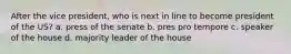 After the vice president, who is next in line to become president of the US? a. press of the senate b. pres pro tempore c. speaker of the house d. majority leader of the house