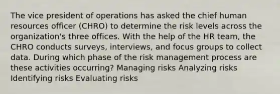 The vice president of operations has asked the chief human resources officer (CHRO) to determine the risk levels across the organization's three offices. With the help of the HR team, the CHRO conducts surveys, interviews, and focus groups to collect data. During which phase of the risk management process are these activities occurring? Managing risks Analyzing risks Identifying risks Evaluating risks