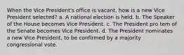 When the Vice President's office is vacant, how is a new Vice President selected? a. A national election is held. b. The Speaker of the House becomes Vice President. c. The President pro tem of the Senate becomes Vice President. d. The President nominates a new Vice President, to be confirmed by a majority congressional vote.