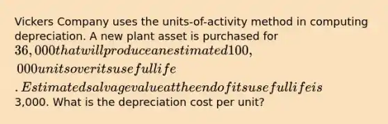 Vickers Company uses the units-of-activity method in computing depreciation. A new plant asset is purchased for 36,000 that will produce an estimated 100,000 units over its useful life. Estimated salvage value at the end of its useful life is3,000. What is the depreciation cost per unit?