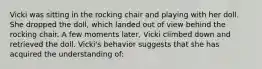 Vicki was sitting in the rocking chair and playing with her doll. She dropped the doll, which landed out of view behind the rocking chair. A few moments later, Vicki climbed down and retrieved the doll. Vicki's behavior suggests that she has acquired the understanding of: