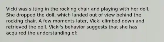 Vicki was sitting in the rocking chair and playing with her doll. She dropped the doll, which landed out of view behind the rocking chair. A few moments later, Vicki climbed down and retrieved the doll. Vicki's behavior suggests that she has acquired the understanding of: