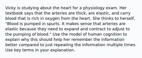 Vicky is studying about the heart for a physiology exam. Her textbook says that the arteries are thick, are elastic, and carry blood that is rich in oxygen from the heart. She thinks to herself, "Blood is pumped in spurts. It makes sense that arteries are elastic because they need to expand and contract to adjust to the pumping of blood." Use the model of human cognition to explain why this should help her remember the information better compared to just repeating the information multiple times. Use key terms in your explanation.