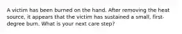 A victim has been burned on the hand. After removing the heat source, it appears that the victim has sustained a small, first-degree burn. What is your next care step?