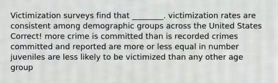 Victimization surveys find that ________. victimization rates are consistent among demographic groups across the United States Correct! more crime is committed than is recorded crimes committed and reported are more or less equal in number juveniles are less likely to be victimized than any other age group