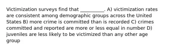 Victimization surveys find that __________. A) victimization rates are consistent among demographic groups across the United States B) more crime is committed than is recorded C) crimes committed and reported are more or less equal in number D) juveniles are less likely to be victimized than any other age group