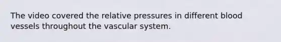 The video covered the relative pressures in different blood vessels throughout the vascular system.