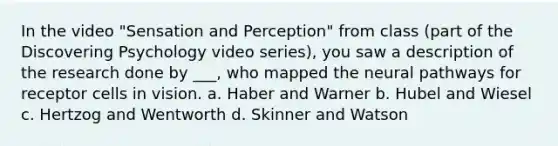 In the video "Sensation and Perception" from class (part of the Discovering Psychology video series), you saw a description of the research done by ___, who mapped the neural pathways for receptor cells in vision. a. Haber and Warner b. Hubel and Wiesel c. Hertzog and Wentworth d. Skinner and Watson