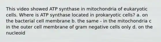 This video showed ATP synthase in mitochondria of <a href='https://www.questionai.com/knowledge/kb526cpm6R-eukaryotic-cells' class='anchor-knowledge'>eukaryotic cells</a>. Where is ATP synthase located in <a href='https://www.questionai.com/knowledge/k1BuXhIsgo-prokaryotic-cells' class='anchor-knowledge'>prokaryotic cells</a>? a. on the bacterial cell membrane b. the same - in the mitochondria c in the outer cell membrane of gram negative cells only d. on the nucleoid