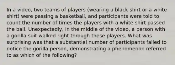 In a video, two teams of players (wearing a black shirt or a white shirt) were passing a basketball, and participants were told to count the number of times the players with a white shirt passed the ball. Unexpectedly, in the middle of the video, a person with a gorilla suit walked right through these players. What was surprising was that a substantial number of participants failed to notice the gorilla person, demonstrating a phenomenon referred to as which of the following?