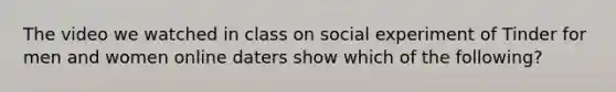 The video we watched in class on social experiment of Tinder for men and women online daters show which of the following?