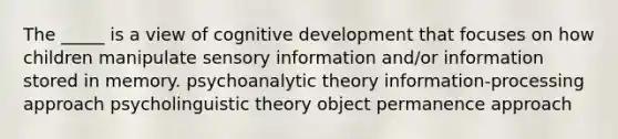 The _____ is a view of cognitive development that focuses on how children manipulate sensory information and/or information stored in memory. psychoanalytic theory information-processing approach psycholinguistic theory object permanence approach