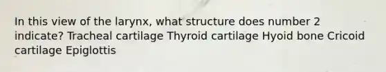 In this view of the larynx, what structure does number 2 indicate? Tracheal cartilage Thyroid cartilage <a href='https://www.questionai.com/knowledge/kVV1acPC4Z-hyoid-bone' class='anchor-knowledge'>hyoid bone</a> Cricoid cartilage Epiglottis