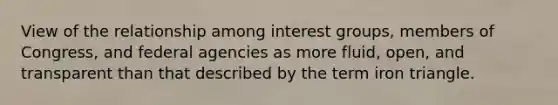 View of the relationship among interest groups, members of Congress, and federal agencies as more fluid, open, and transparent than that described by the term iron triangle.