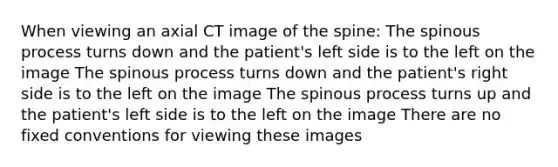 When viewing an axial CT image of the spine: The spinous process turns down and the patient's left side is to the left on the image The spinous process turns down and the patient's right side is to the left on the image The spinous process turns up and the patient's left side is to the left on the image There are no fixed conventions for viewing these images