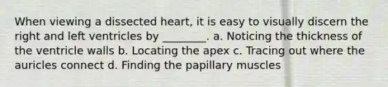 When viewing a dissected heart, it is easy to visually discern the right and left ventricles by ________. a. Noticing the thickness of the ventricle walls b. Locating the apex c. Tracing out where the auricles connect d. Finding the papillary muscles