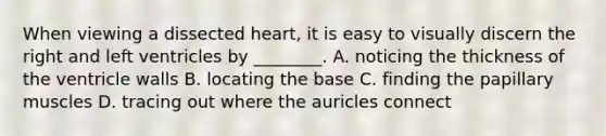 When viewing a dissected heart, it is easy to visually discern the right and left ventricles by ________. A. noticing the thickness of the ventricle walls B. locating the base C. finding the papillary muscles D. tracing out where the auricles connect