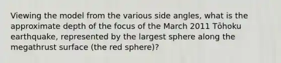 Viewing the model from the various side angles, what is the approximate depth of the focus of the March 2011 Tōhoku earthquake, represented by the largest sphere along the megathrust surface (the red sphere)?