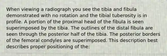 When viewing a radiograph you see the tibia and fibula demonstrated with no rotation and the tibial tuberosity is in profile. A portion of the proximal head of the fibula is seen superimposed by the tibia. The outlines of the distal fibula are seen through the posterior half of the tibia. The posterior borders of the femoral condyles are superimposed. This description best describes proper positioning of the: