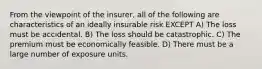 From the viewpoint of the insurer, all of the following are characteristics of an ideally insurable risk EXCEPT A) The loss must be accidental. B) The loss should be catastrophic. C) The premium must be economically feasible. D) There must be a large number of exposure units.