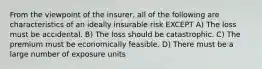 From the viewpoint of the insurer, all of the following are characteristics of an ideally insurable risk EXCEPT A) The loss must be accidental. B) The loss should be catastrophic. C) The premium must be economically feasible. D) There must be a large number of exposure units