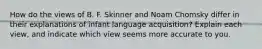 How do the views of B. F. Skinner and Noam Chomsky differ in their explanations of infant language acquisition? Explain each view, and indicate which view seems more accurate to you.