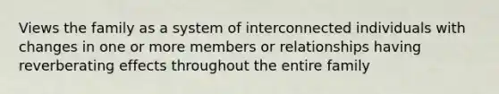 Views the family as a system of interconnected individuals with changes in one or more members or relationships having reverberating effects throughout the entire family