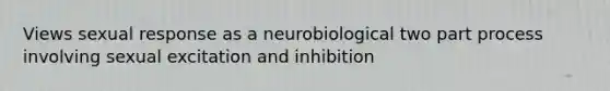 Views sexual response as a neurobiological two part process involving sexual excitation and inhibition