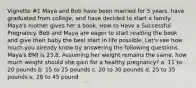 Vignette #1 Maya and Bob have been married for 5 years, have graduated from college, and have decided to start a family. Maya's mother gives her a book, How to Have a Successful Pregnancy. Bob and Maya are eager to start reading the book and give their baby the best start in life possible. Let's see how much you already know by answering the following questions. Maya's BMI is 23.8. Assuming her weight remains the same, how much weight should she gain for a healthy pregnancy? a. 11 to 20 pounds b. 15 to 25 pounds c. 20 to 30 pounds d. 25 to 35 pounds e. 28 to 45 pound