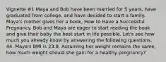 Vignette #1 Maya and Bob have been married for 5 years, have graduated from college, and have decided to start a family. Maya's mother gives her a book, How to Have a Successful Pregnancy. Bob and Maya are eager to start reading the book and give their baby the best start in life possible. Let's see how much you already know by answering the following questions. 44. Maya's BMI is 23.8. Assuming her weight remains the same, how much weight should she gain for a healthy pregnancy?