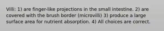 Villi: 1) are finger-like projections in the small intestine. 2) are covered with the brush border (microvilli) 3) produce a large surface area for nutrient absorption. 4) All choices are correct.