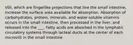 Villi, which are fingerlike projections that line the small intestine, increase the surface area available for absorption. Absorption of carbohydrates, protein, minerals, and water-soluble vitamins occurs in the small intestine, then processed in the liver, and released into the ___. Fatty acids are absorbed in the lymphatic circulatory systems through lacteal ducts at the center of each microvilli in the small intestine