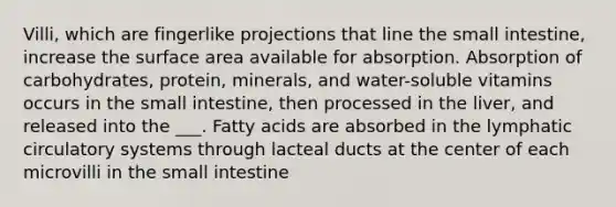 Villi, which are fingerlike projections that line the small intestine, increase the surface area available for absorption. Absorption of carbohydrates, protein, minerals, and water-soluble vitamins occurs in the small intestine, then processed in the liver, and released into the ___. Fatty acids are absorbed in the lymphatic circulatory systems through lacteal ducts at the center of each microvilli in the small intestine