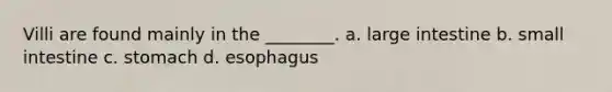 Villi are found mainly in the ________. a. large intestine b. small intestine c. stomach d. esophagus